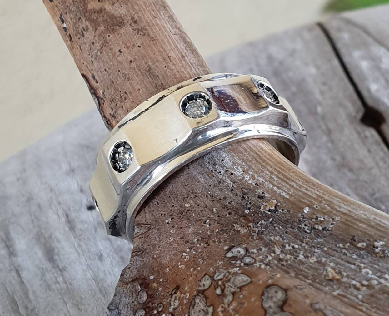 Stylish silver band,chunky ring with cz stones,sterling silver,scalloped pattern,cubic zirconia unisex ring,silver wedding ring