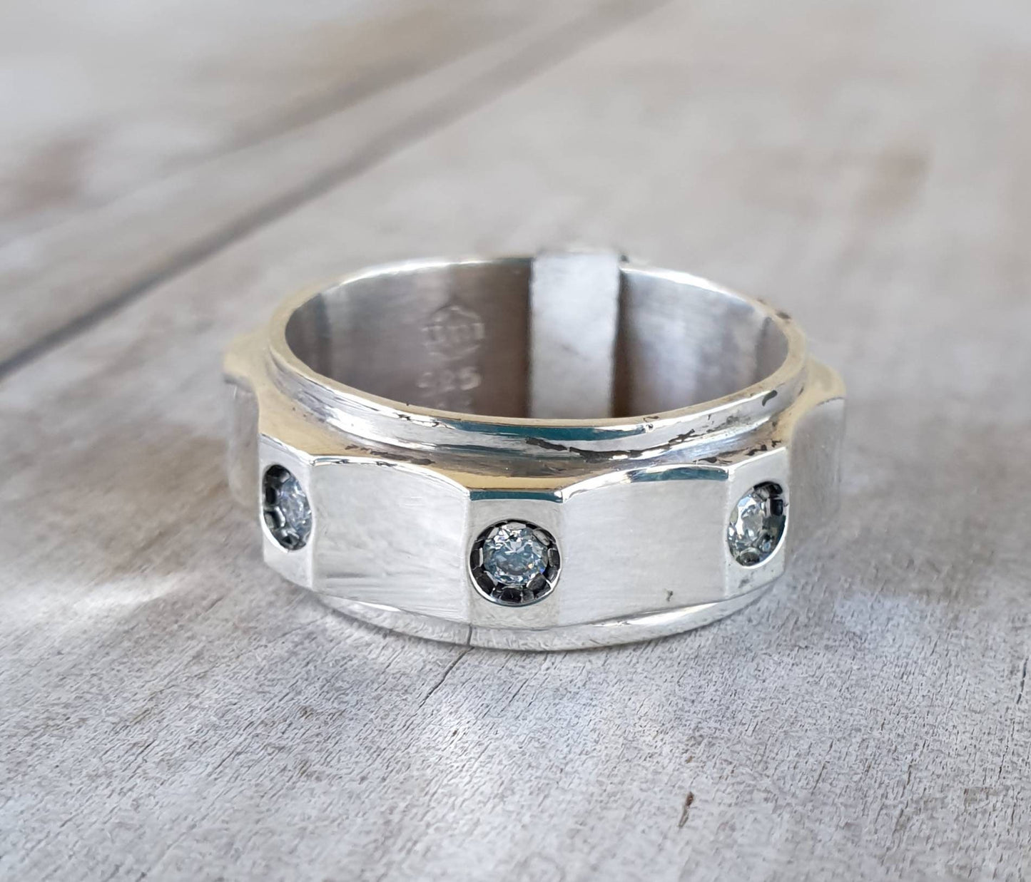 Stylish silver band,chunky ring with cz stones,sterling silver,scalloped pattern,cubic zirconia unisex ring,silver wedding ring