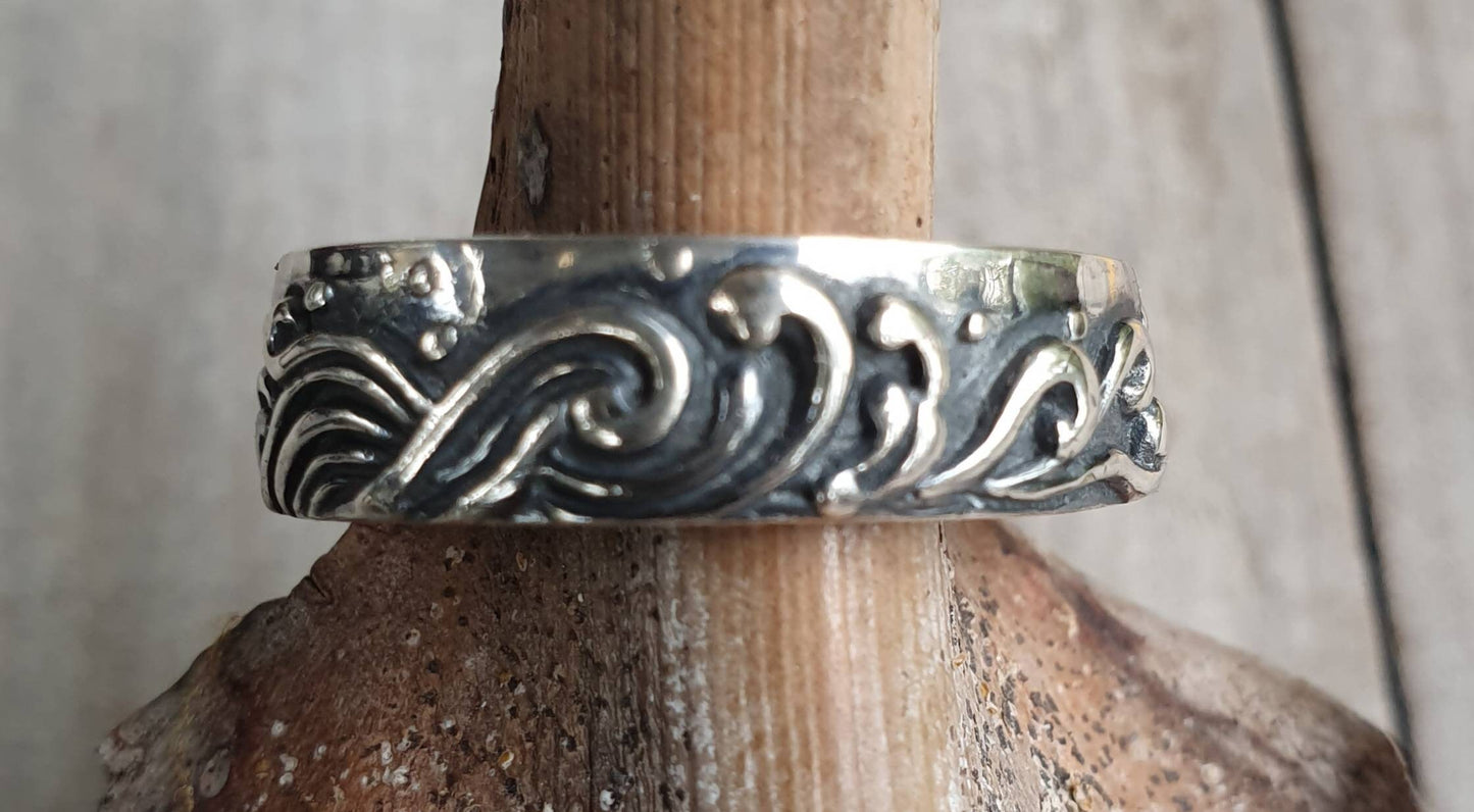wave ring,japanese tattoo,sterling silver,japanese wave art,surfer band,rustic band,thick silver wedding,chunky band