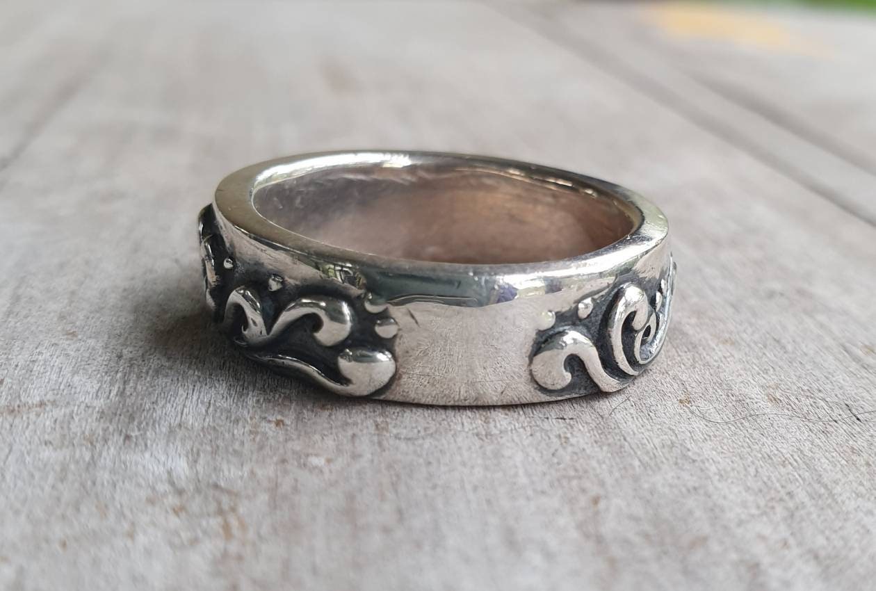 wave ring,japanese tattoo,sterling silver,japanese wave art,surfer band,rustic band,thick silver wedding,chunky band