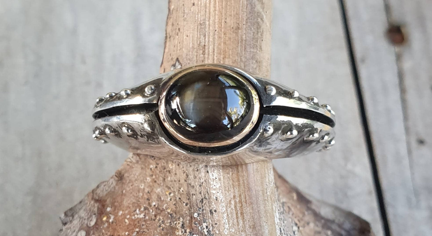 Diopside ring,two tone,sterling silver,9ct gold setting,rustic handmade,chunky ring,boho,new age,ball ring,stone,
