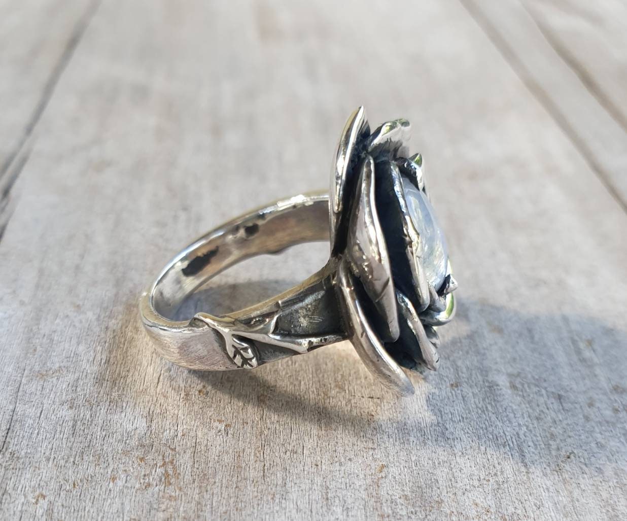 Rose ring,rainbow moonstone,sterling silver,handmade,large rose,boho,chunky ring steampunk, gothic, art nouveau ,victorian