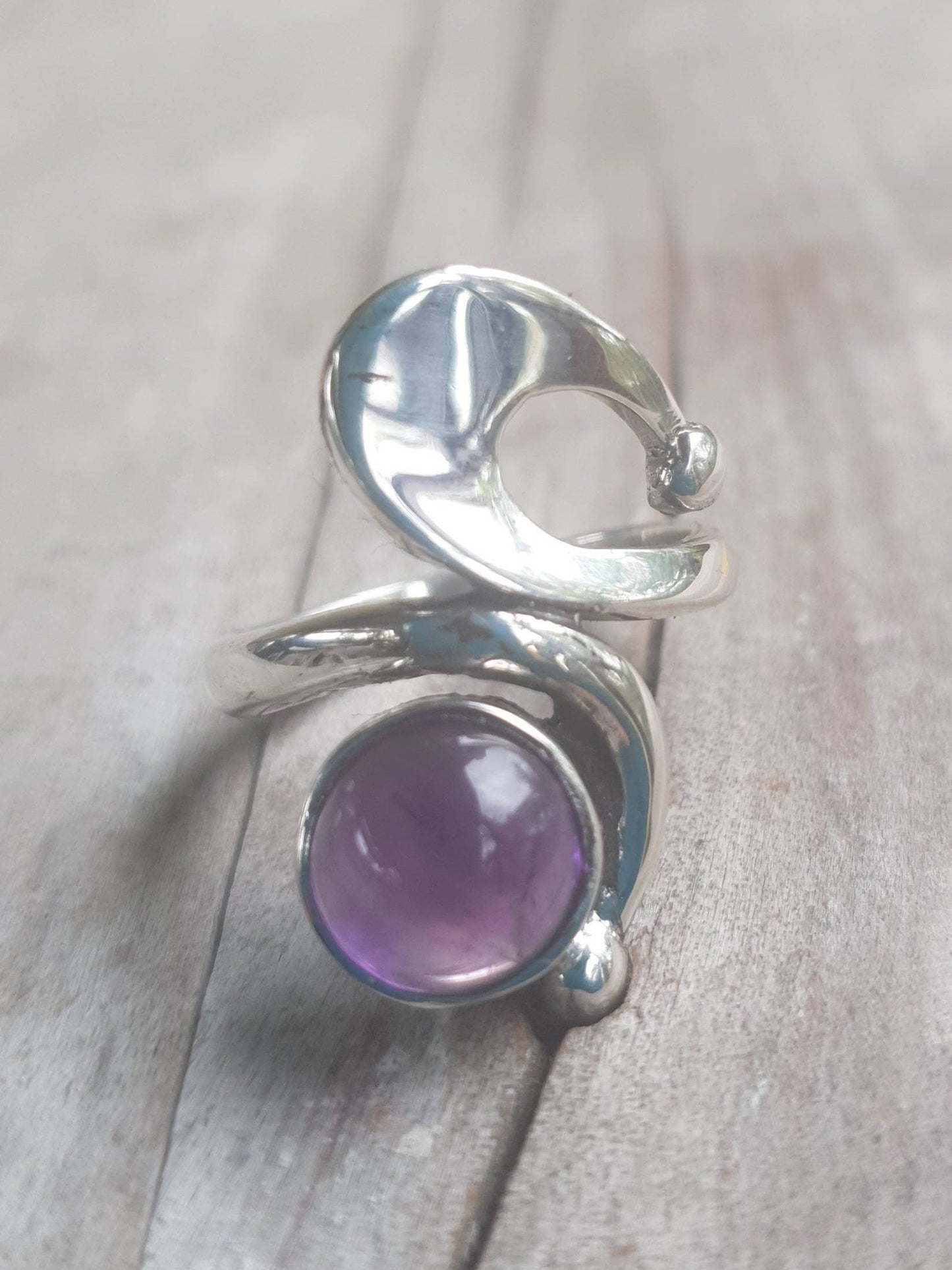 Amethyst ring,sterling silver,long ring,swirl, boho,hipster chic,womens fashion,goddess,hand made