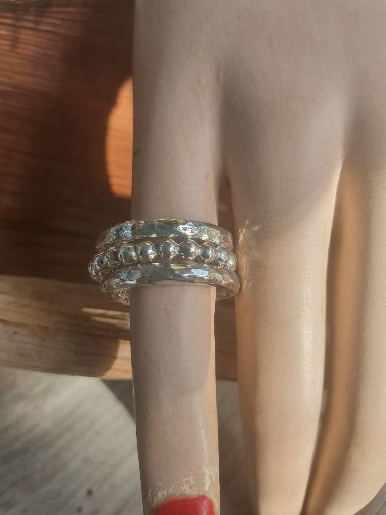 chunky stacker rings,Sterling silver,3 set stackers rings,pearl ball band,hammered solid bands