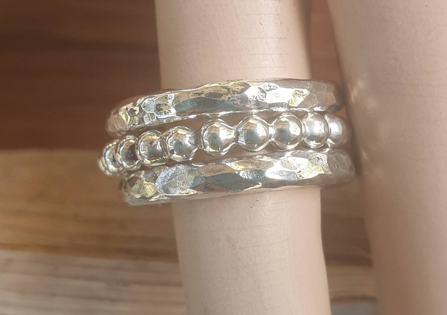 chunky stacker rings,Sterling silver,3 set stackers rings,pearl ball band,hammered solid bands
