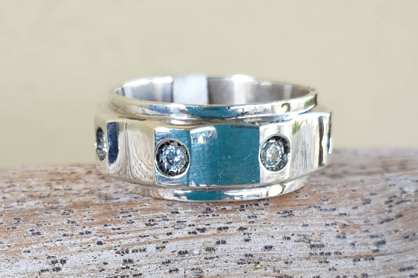 Stylish silver band,chunky ring with cz stones,sterling silver,scalloped pattern,cubic zirconia unisex ring,silver wedding ring
