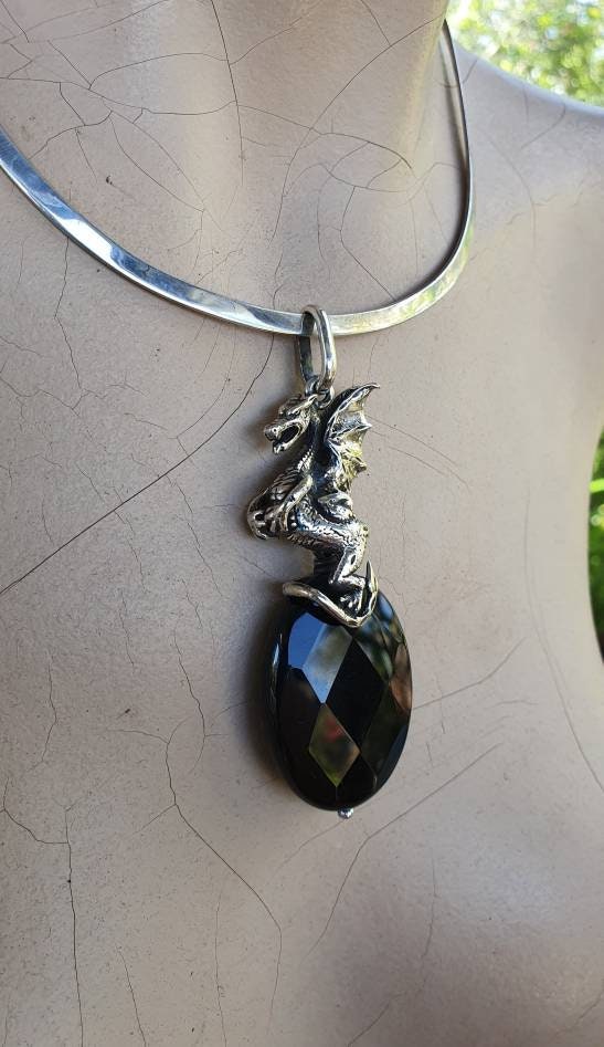 Dragon pendant,large onyx,mythical, sterling silver,year of the dragon,new age,medieval,fantasy.game of thrones