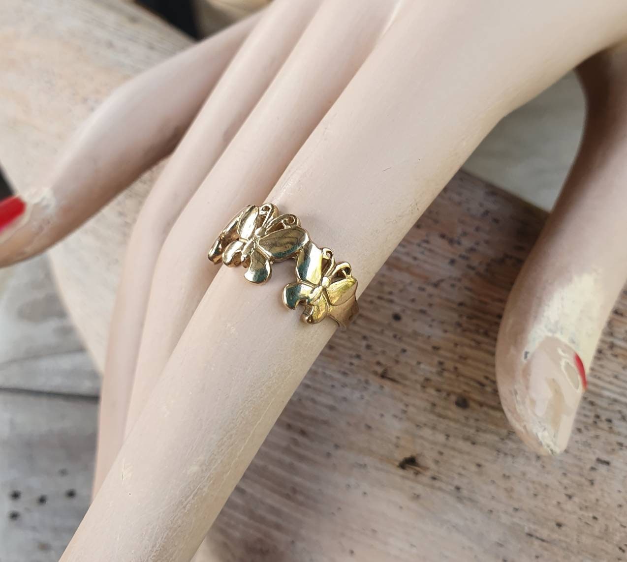 gold butterfly ring,solid 9ct gold,pinkie ring,handmade,filegree,boho,goddess,woodland,art nouveau,vintage,