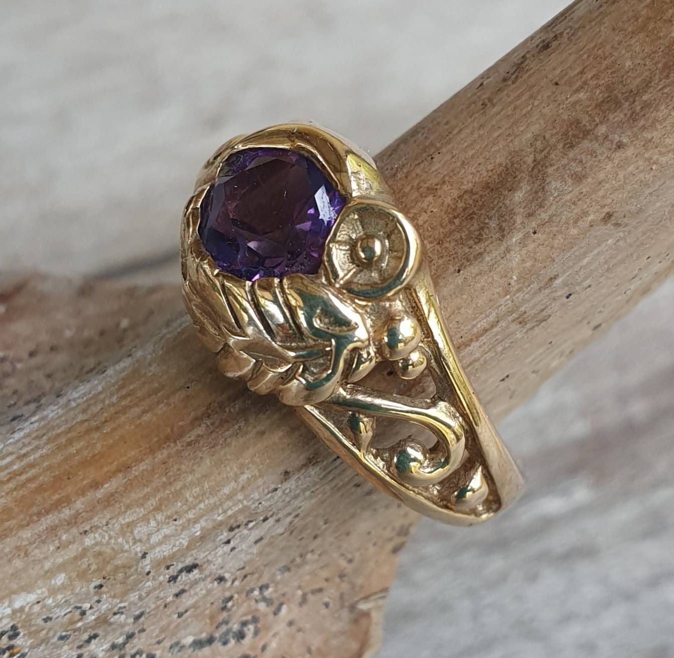 Gold amethyst ring,9ct gold,ornate flower leaf,vine,boho,art nouveau,victorian,vintage,handmade,gypsy,goddess,women fashion