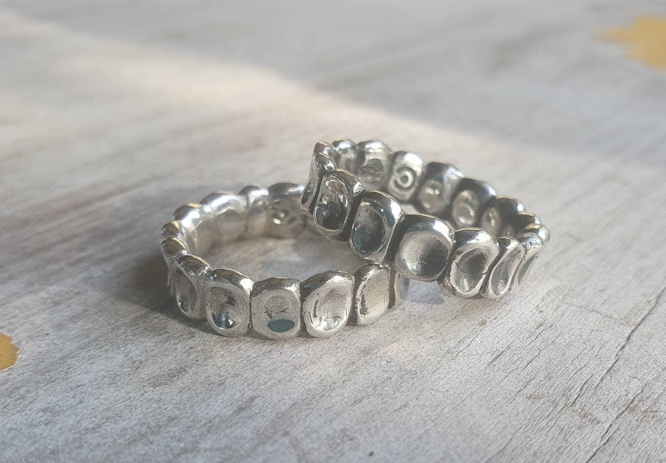 Rustic,chunky nugget rings,Sterling silver,3 set stacker rings,hammered rings,bespoke uneven band.