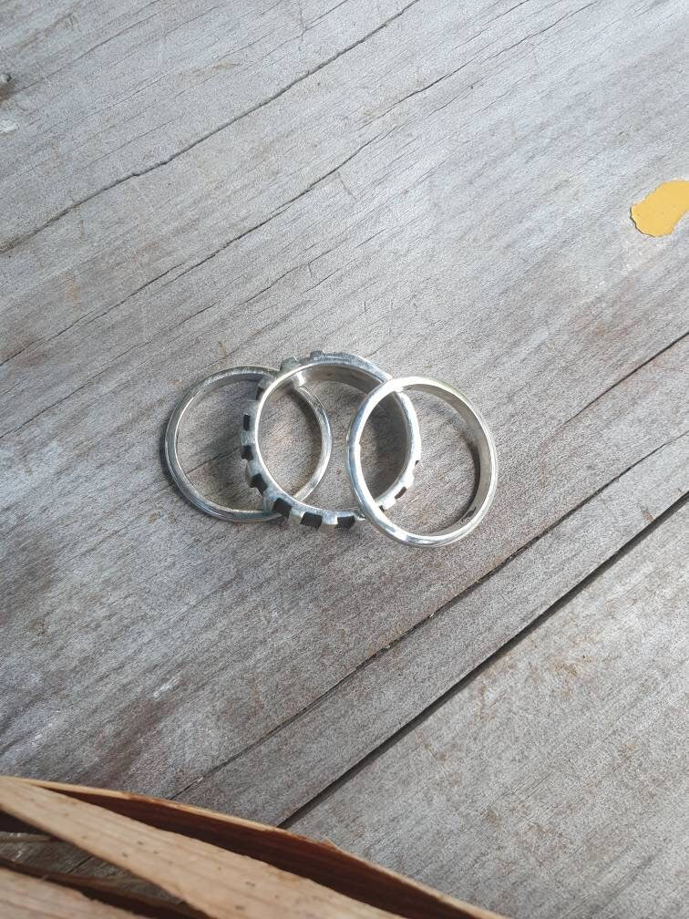 3 stacker rings,sterling silver,unisex chunky stacker,wide rustic band,industrial ring,stacking,steampunk,wedding,hand made,boho