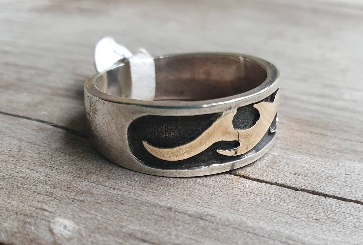 Mens two tone band,9ct Gold and sterling silver,modern wave flame ring,tribal swirl,steampunk,mens wedding ring,handmade,boho