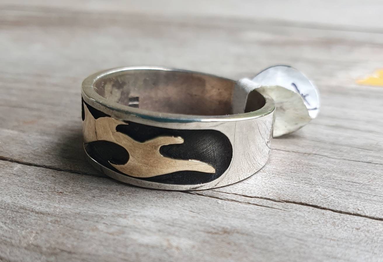 Mens two tone band,9ct Gold and sterling silver,modern wave flame ring,tribal swirl,steampunk,mens wedding ring,handmade,boho