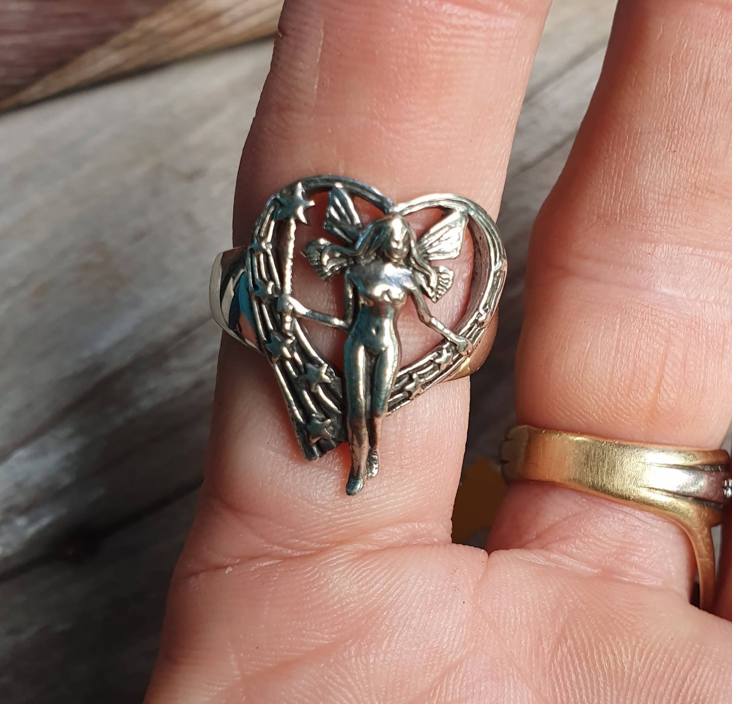 fairy,heart ring,sterling silver,heart and stars,art nouveau faerie,woodland,goddess,angel,new age,magic,boho,nymph,gypsy,shic,goddess
