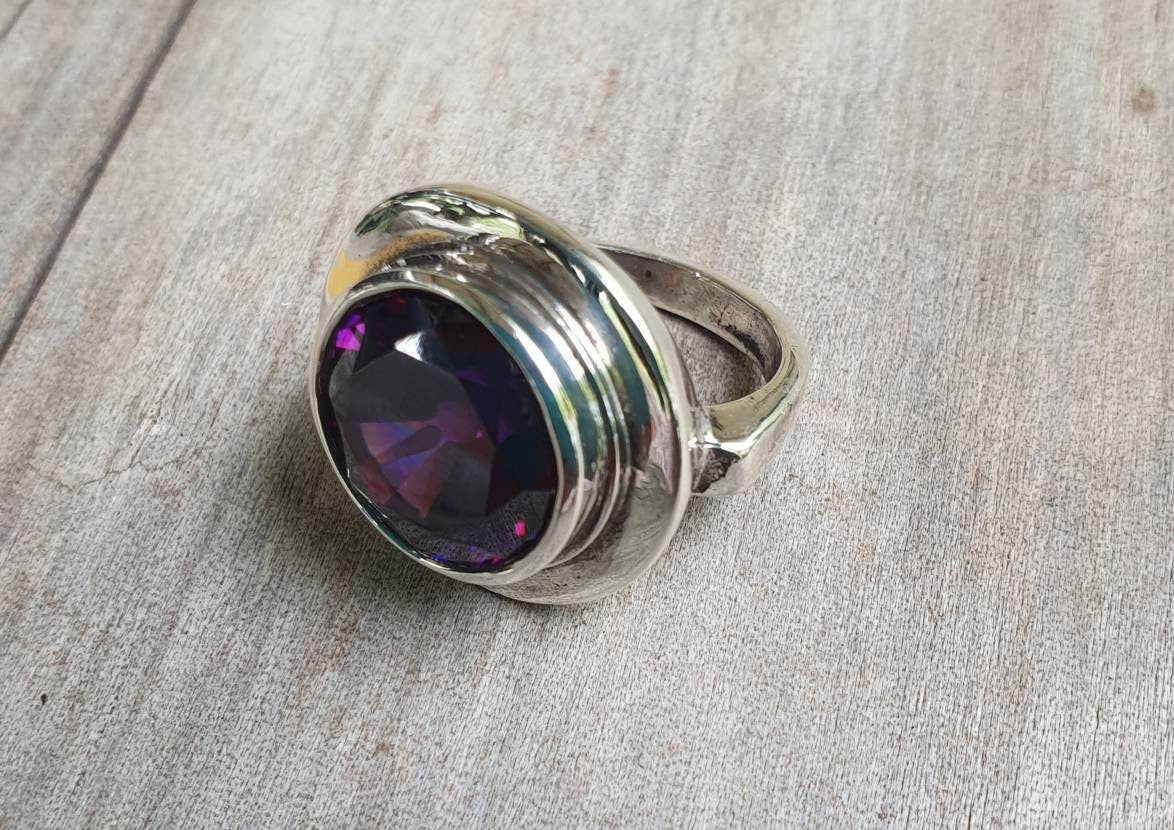 Amethyst cz ring,sterling silver,chunky ring,boho,gemstone ring,handmade,retro ring,modern,industrial