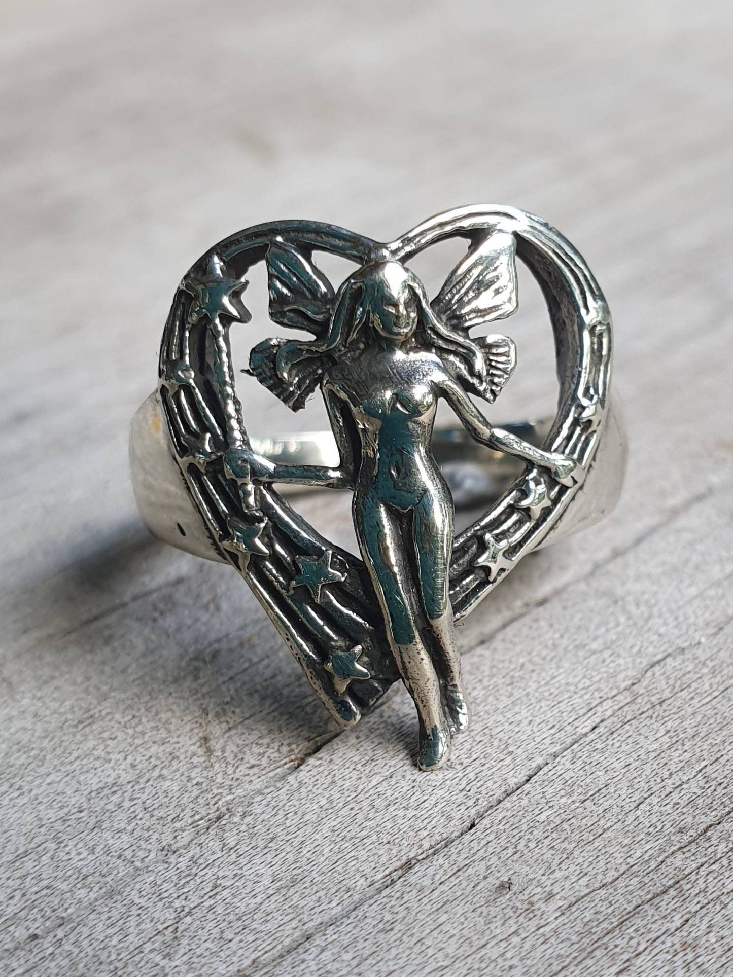 fairy,heart ring,sterling silver,heart and stars,art nouveau faerie,woodland,goddess,angel,new age,magic,boho,nymph,gypsy,shic,goddess