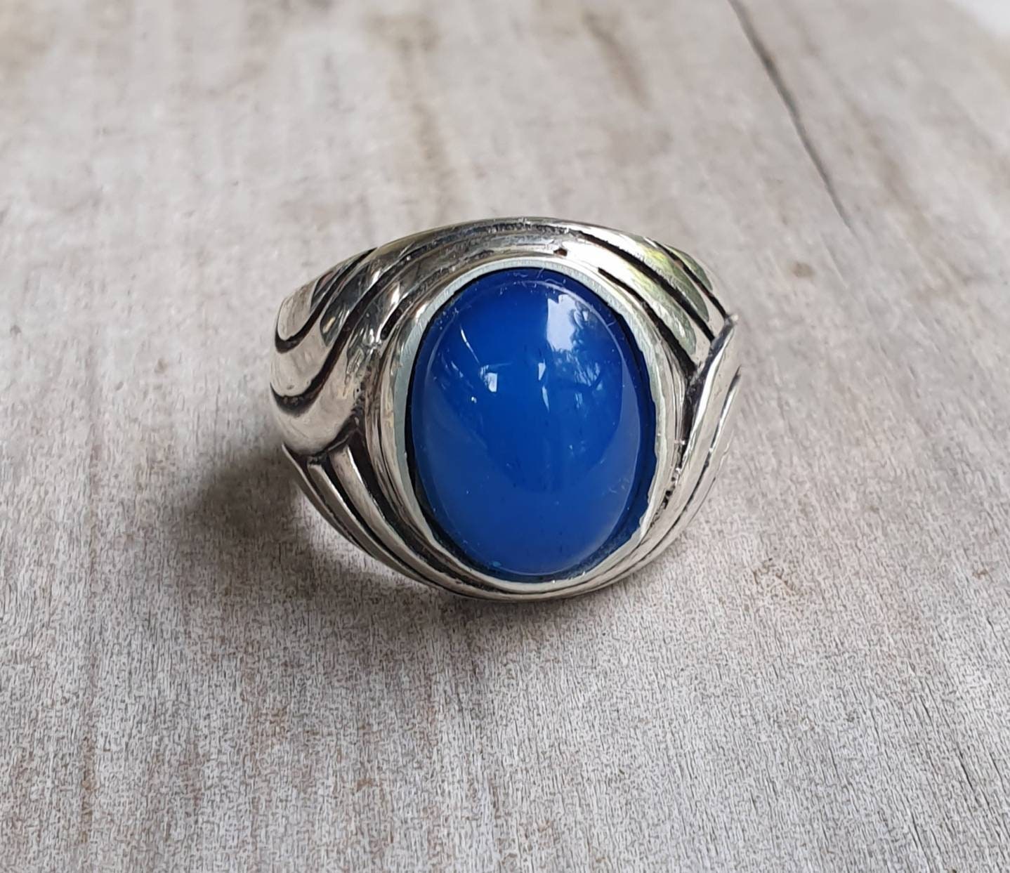 Chunky ring,blue agate,sterling silver,large gemstone,heavy and solid,modern bespoke,boho,mans dress wedding dress ring