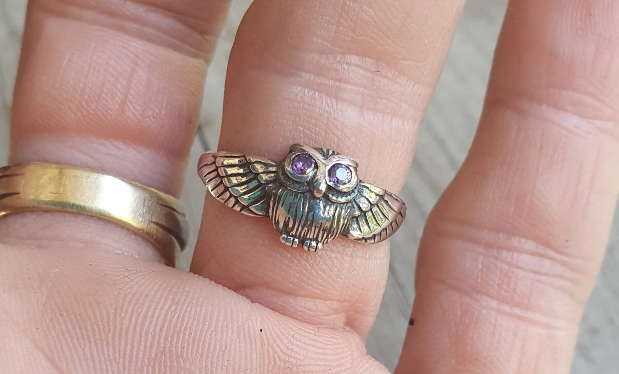 petite owl ring,sterling silver, bird ring,boho,gypsy,goddess,woodland,womens fashion,Swarovski crystal,