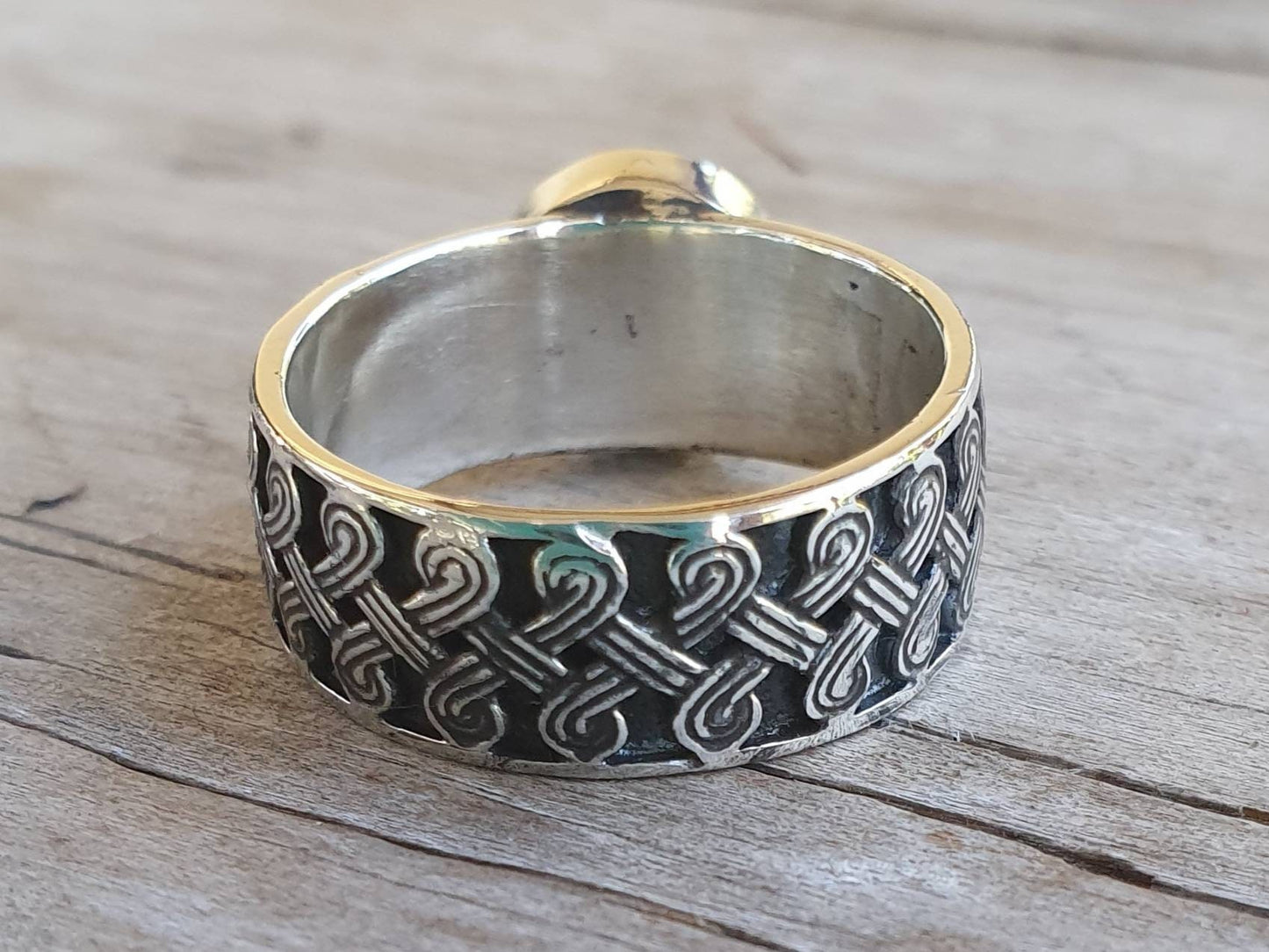 Green moshave ring,Celtic band,copper turquoise,sterling silver,tribal,ethnic,Maori, scroll ring,