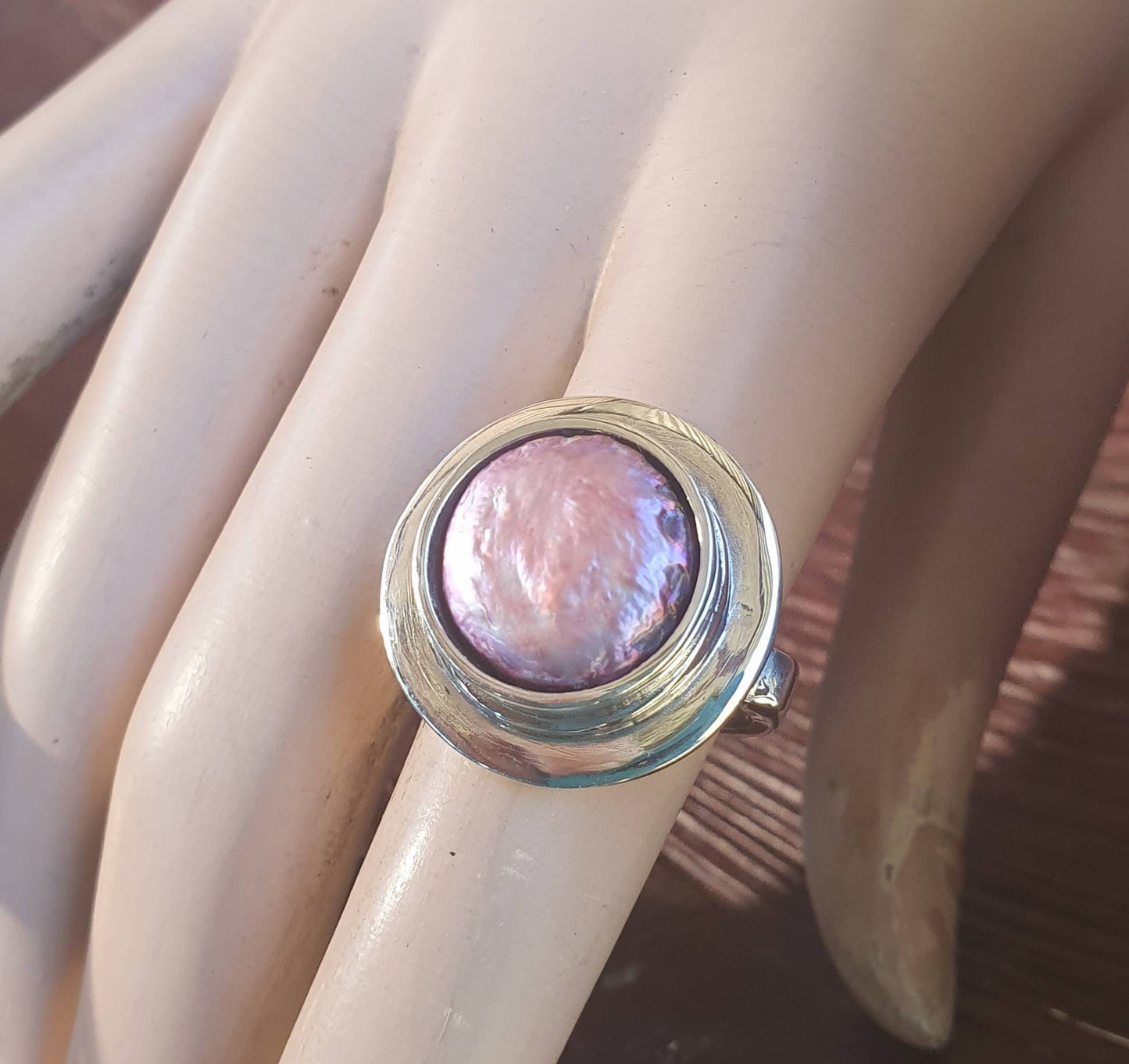 Large ring,pink pearl,sterling silver,chunky ring,wedding ring,boho,handmade, retro ring,modern,
