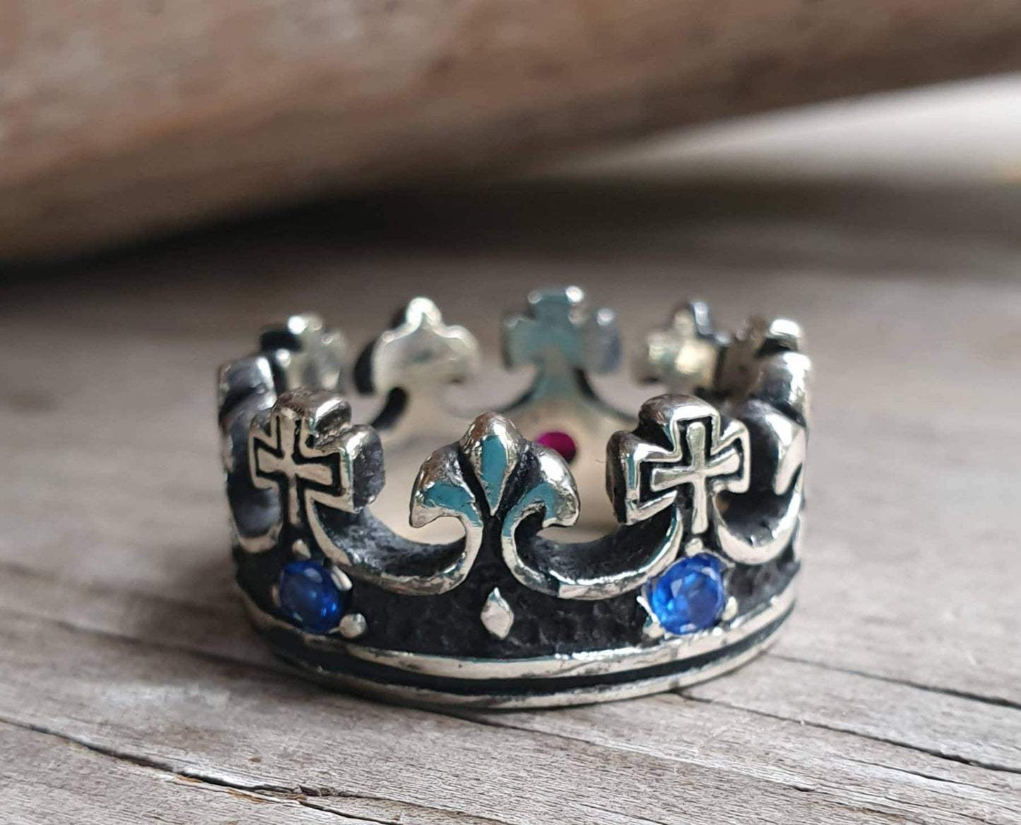 crown ring,sterling silver,synthetic sapphires,chunky ring,rockabilly, hipster,wedding band,steampunk gothic