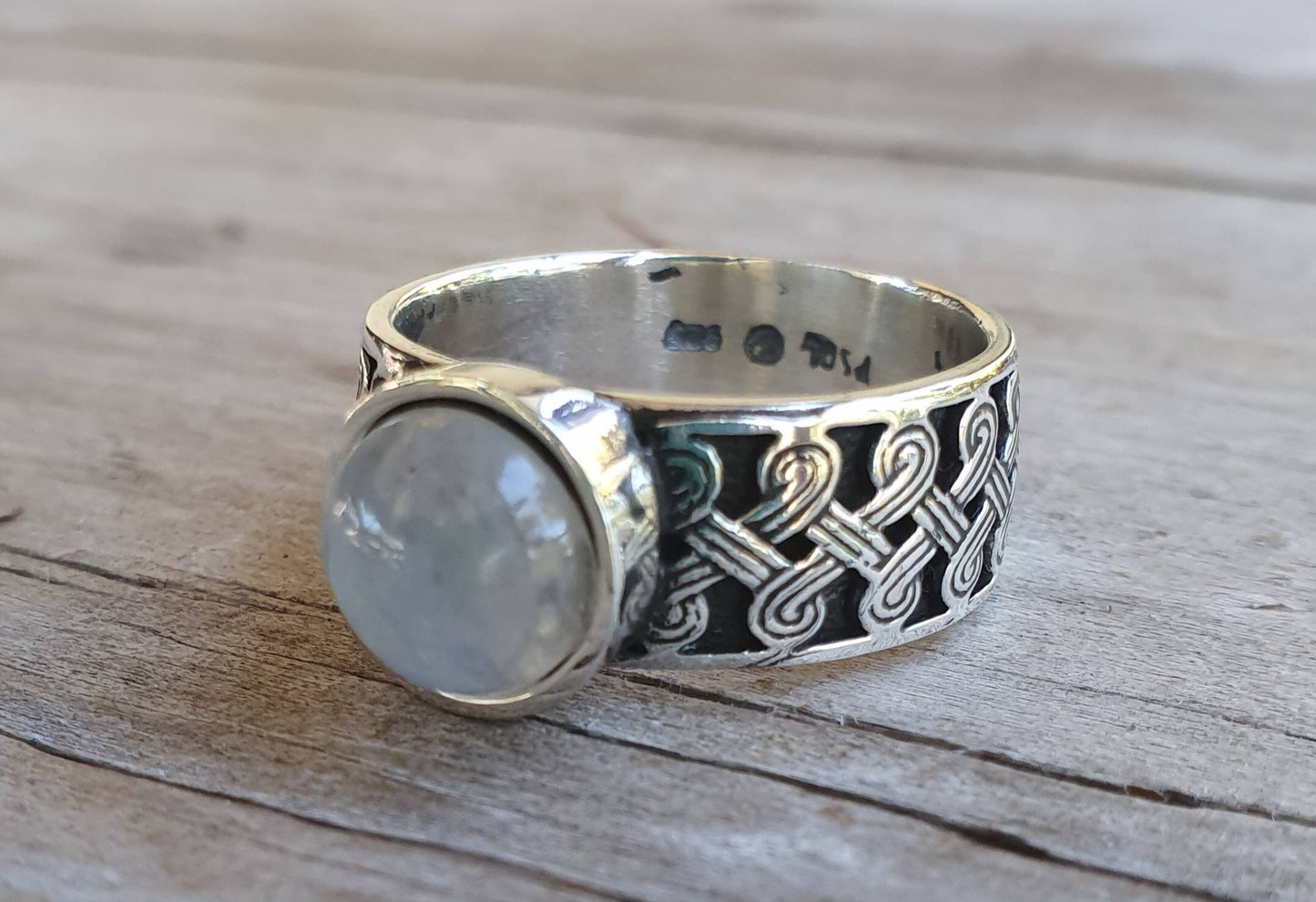 Moonstone ring,Celtic band,sterling silver,tribal,ethnic,Maori, scroll ring,
