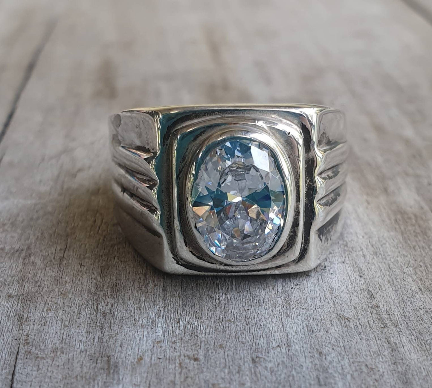 Silver gents ring,cz,sterling silver, Square top signet ring,Cubic zirconia, wedding dress ring, bling stone ring
