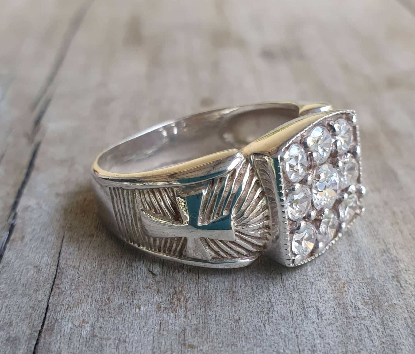 Silver cross ring,cz,sterling silver, Square top with side crosses,Cubic zirconia,wedding dress ring,bling stone ring,church,God,religious