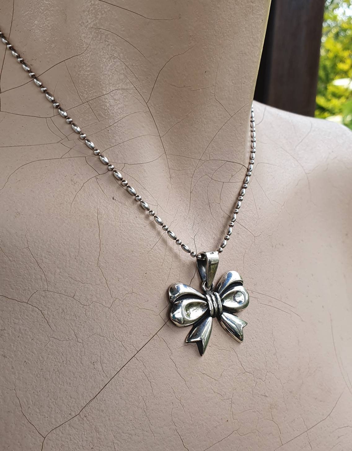 Large bow pendant,sterling silver,ribbon necklace,rockabilly, steampunk,gothic, art nouveau victorian