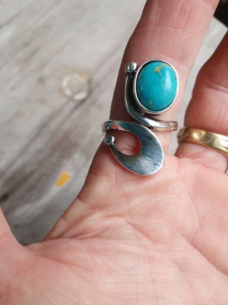 Long turquoise ring sterling silver art deco art nouveau swirl.