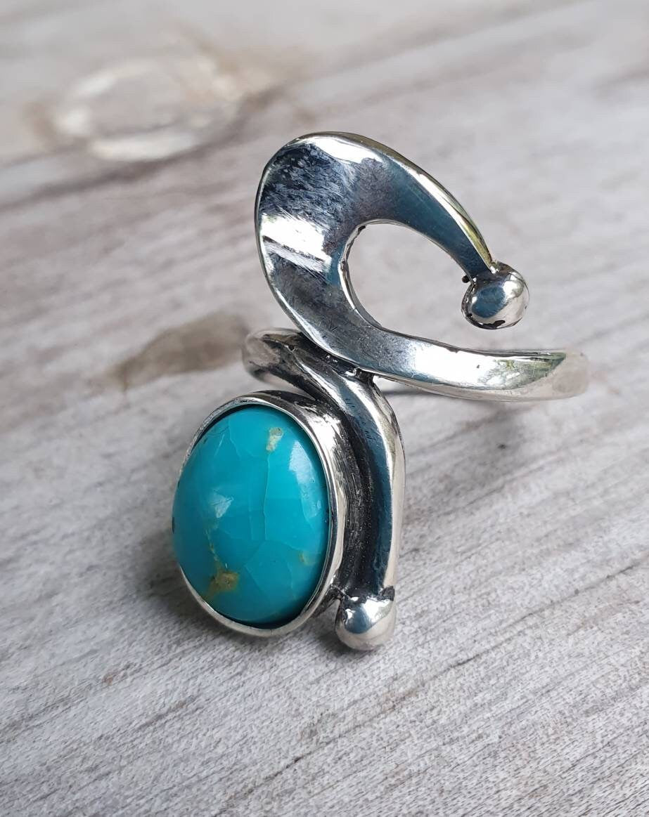 Long turquoise ring sterling silver art deco art nouveau swirl.