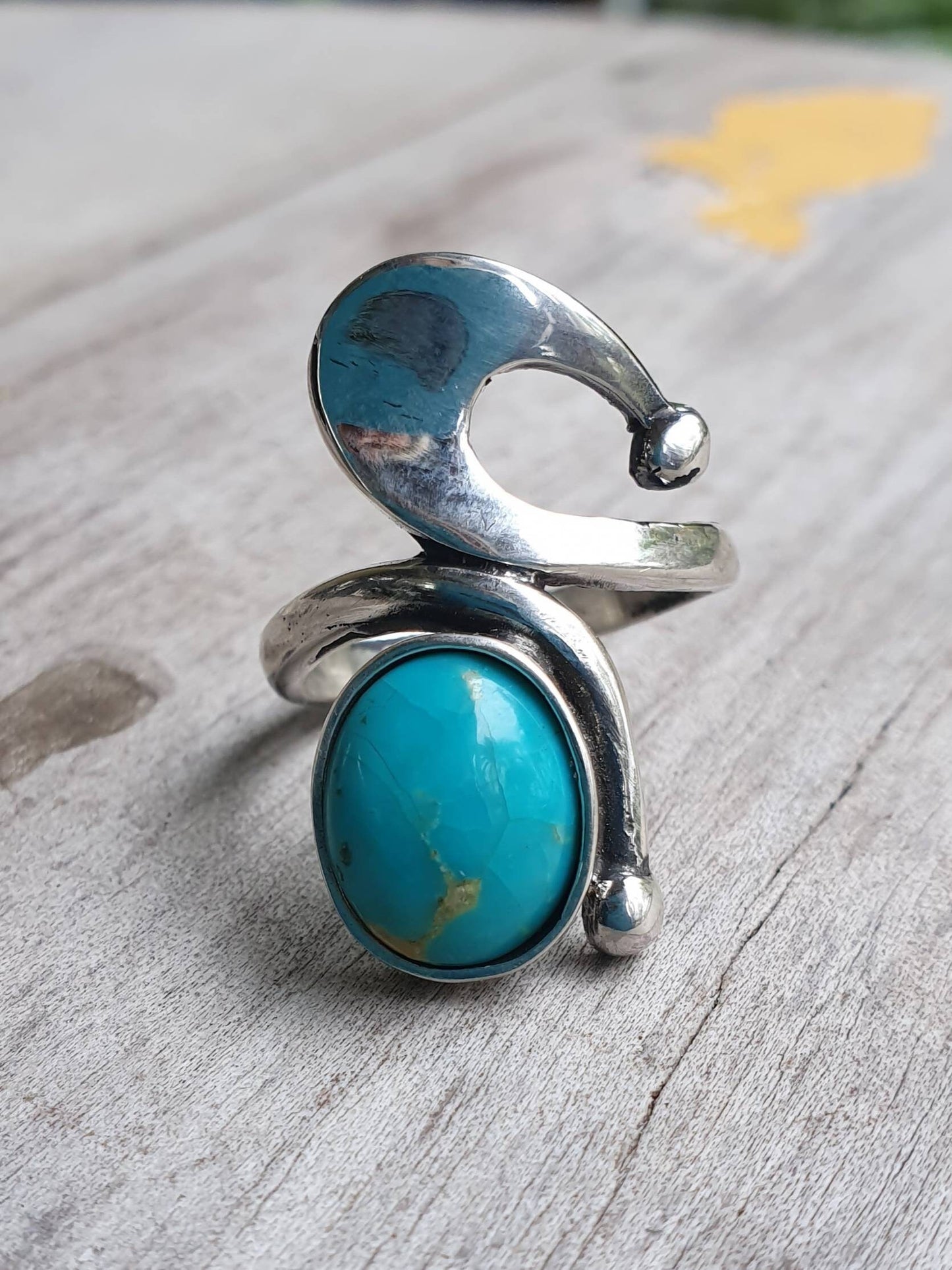 Long turquoise ring sterling silver art deco art nouveau swirl.