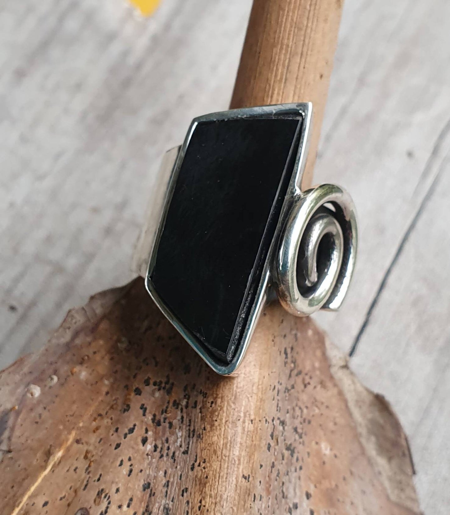 Large onyx ring,long chunky,sterling silver,black acrylic, boho,gypsy,new age,handmade,scroll,swirl, tribal,,stone ring,maori koru