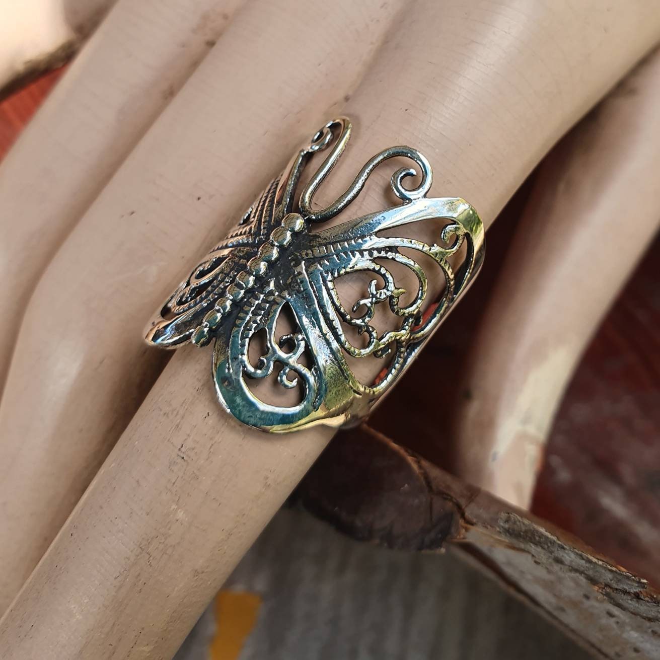 butterfly ring,boho,sterling silver,filegree,long ring,vintage,art nouveau,handmade,women's fashion,rockabilly,shabby chic,goddess,