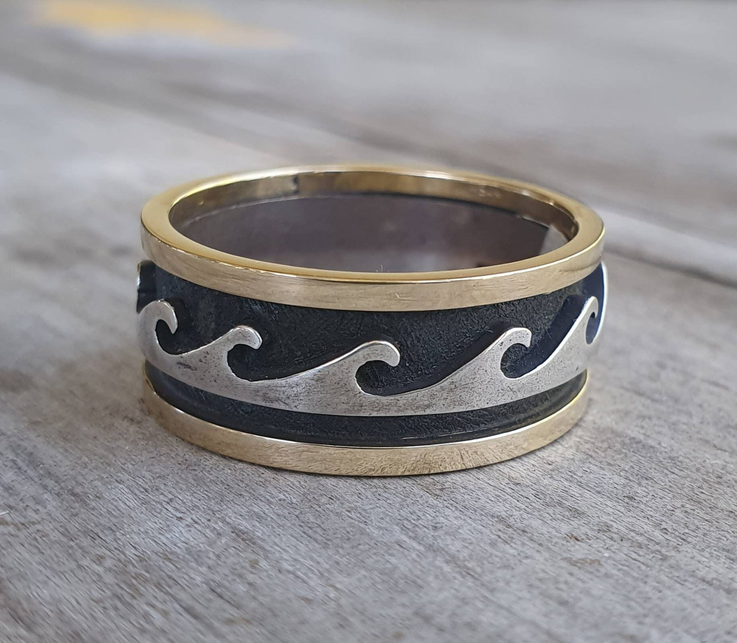 Gold Surf ring,two tone,9ct gold and sterling silver,wave ring,surfer ring,surf,surfing,wave wedding ring,