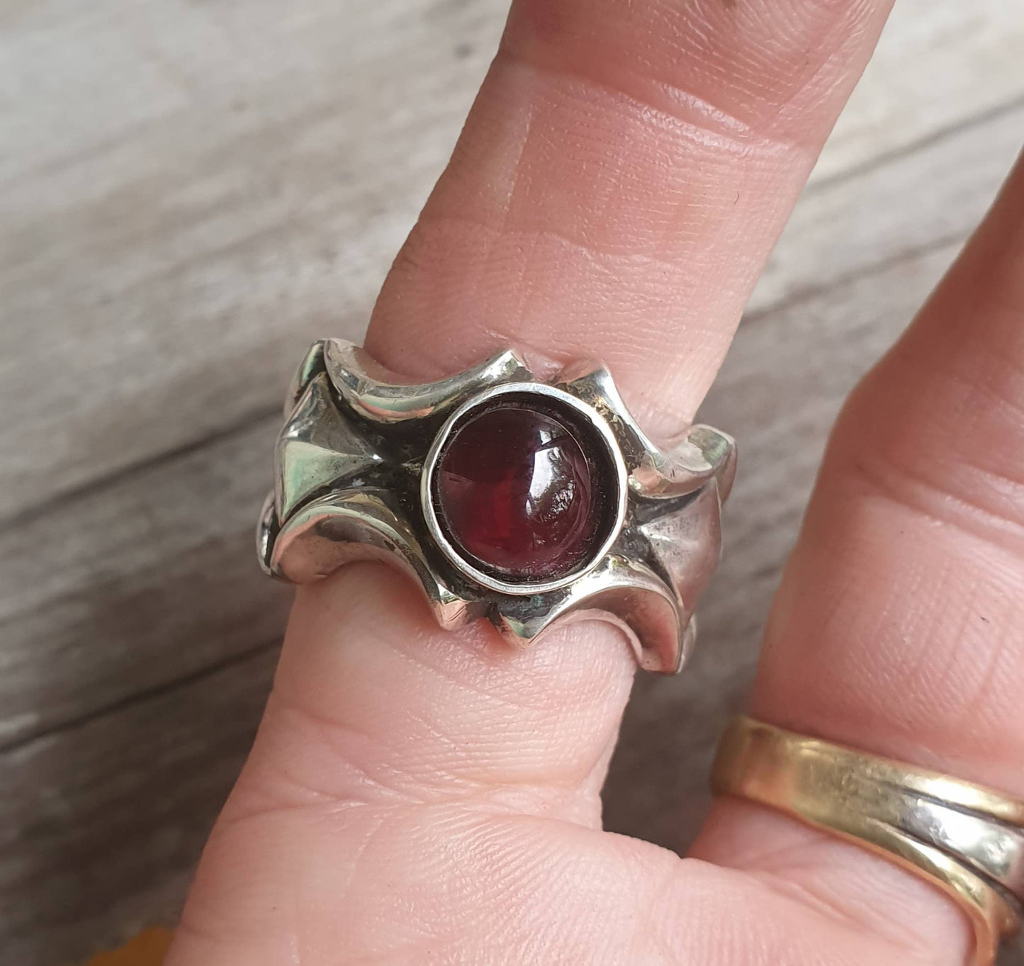 Chunky garnet ring,solid sterling silver band,unusual pyramid shaped, industrial band,mans garnet wedding dress ring