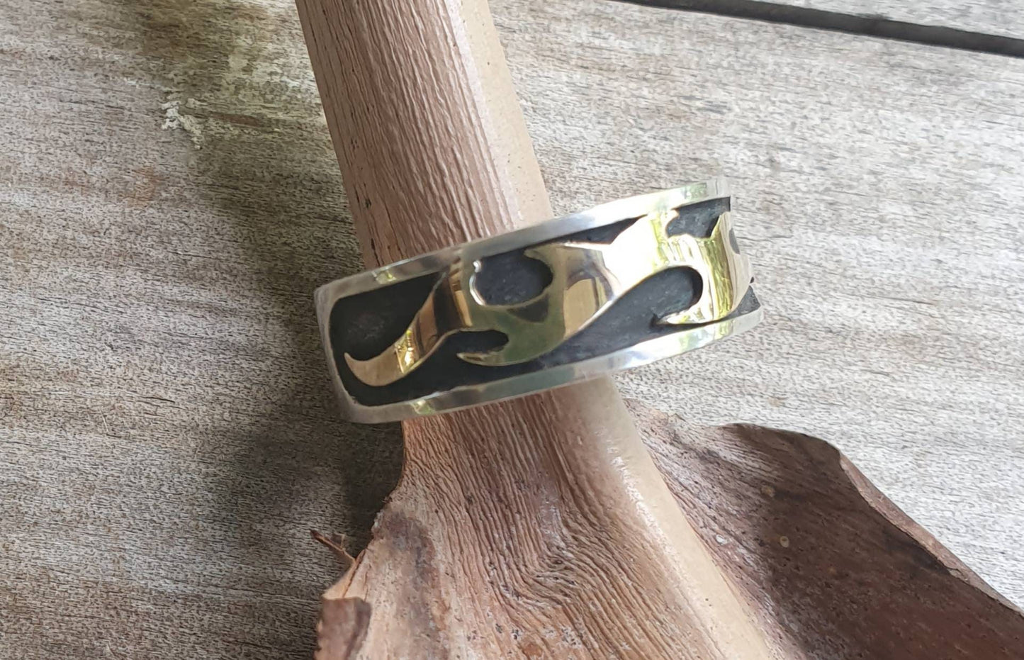 Mens two tone band,9ct Gold and sterling silver,modern wave flame ring,tribal swirl,steampunk,mens wedding ring,handmade,boho