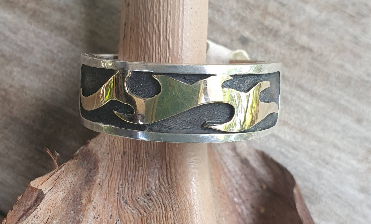 Mens two tone band,9ct Gold and sterling silver,modern wave flame ring,tribal swirl,steampunk,mens wedding ring,handmade,boho