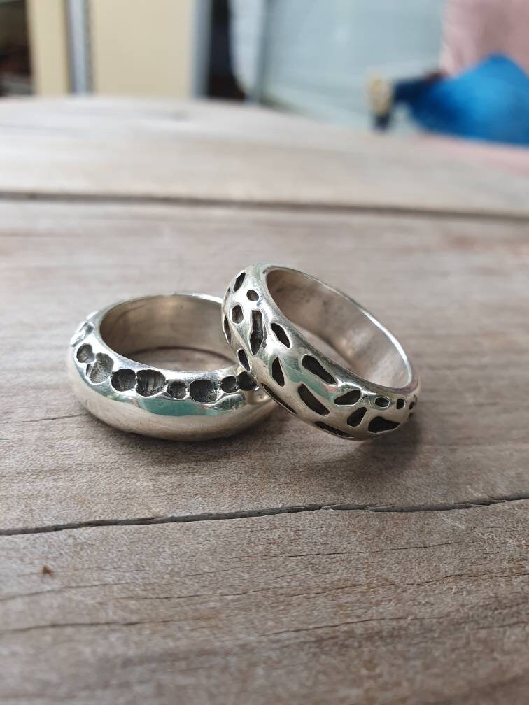 Heavy rustic band, nugget,2 sterling silver rings,handmade hammered stackers,industrial,steampunk wedding,dress ring