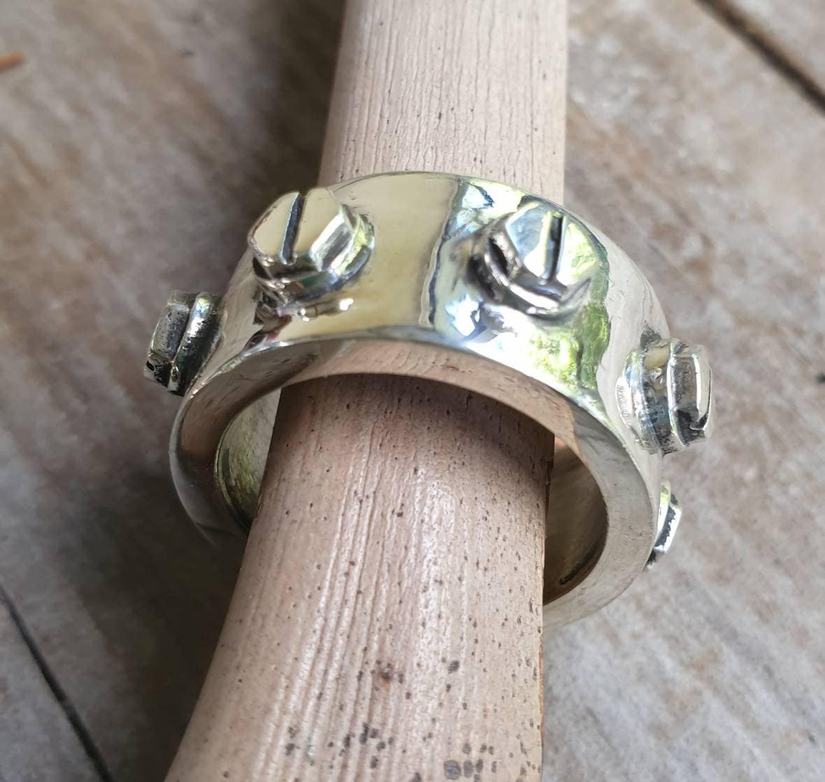 Chunky silver ring,solid sterling silver,Rustic mechanical,screws,heavy,industrial steampunk,nugget,men's fashion,handmade,rockabilly