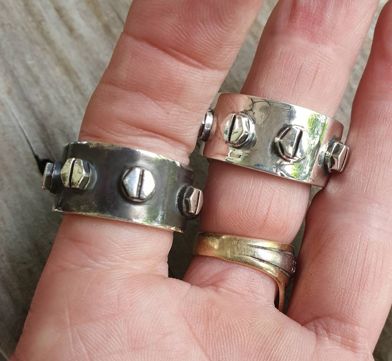 Chunky silver ring,solid sterling silver,Rustic mechanical,screws,heavy,industrial steampunk,nugget,men's fashion,handmade,rockabilly