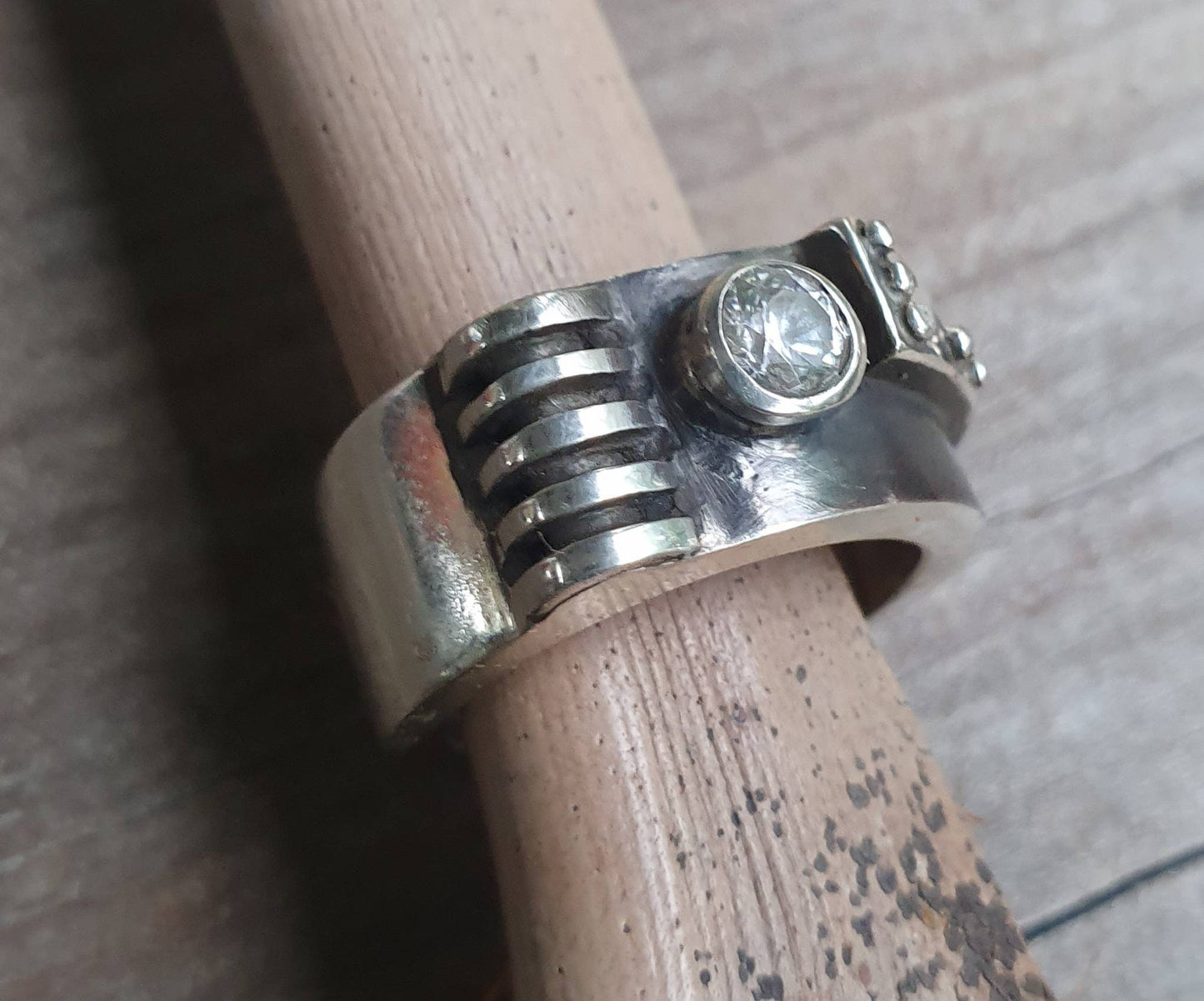 Mechanical Chunky ring,sterling silver,cz, rustic, industrial,mans silver band,handmade, steampunk,silver wedding,rockabilly thick silver