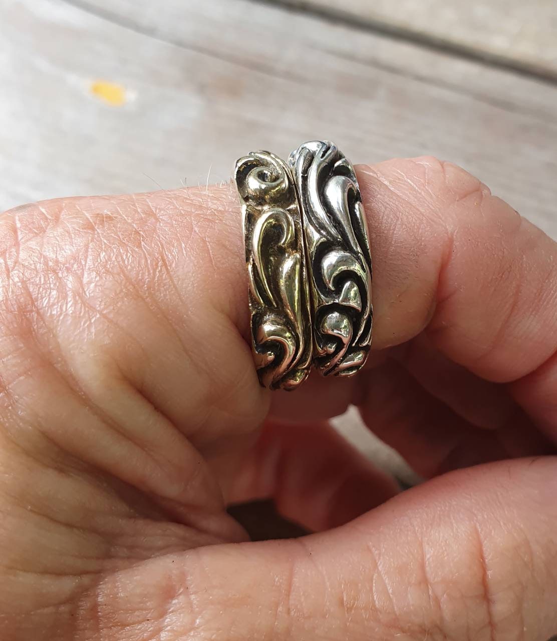 Gold Thick antique band,chunky brass stacker ring,handmade,vintage scroll,Victorian pattern ring, wedding ring,solid band