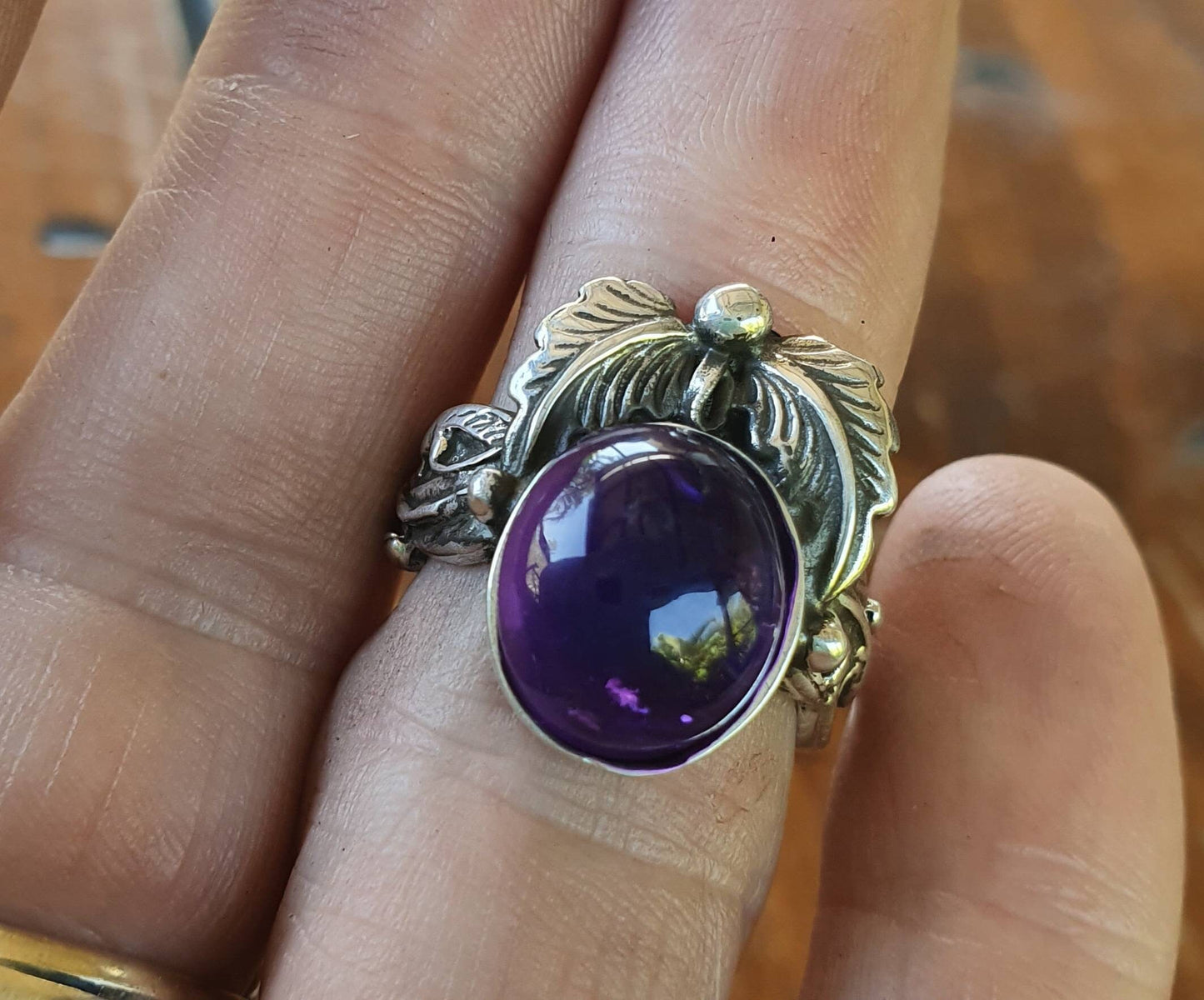 Amythest ring,leaf ring, sterling silver,handmade, steampunk,gothic, art nouveau, victorian,vintage,boho,gypsy,tribal,filigree,