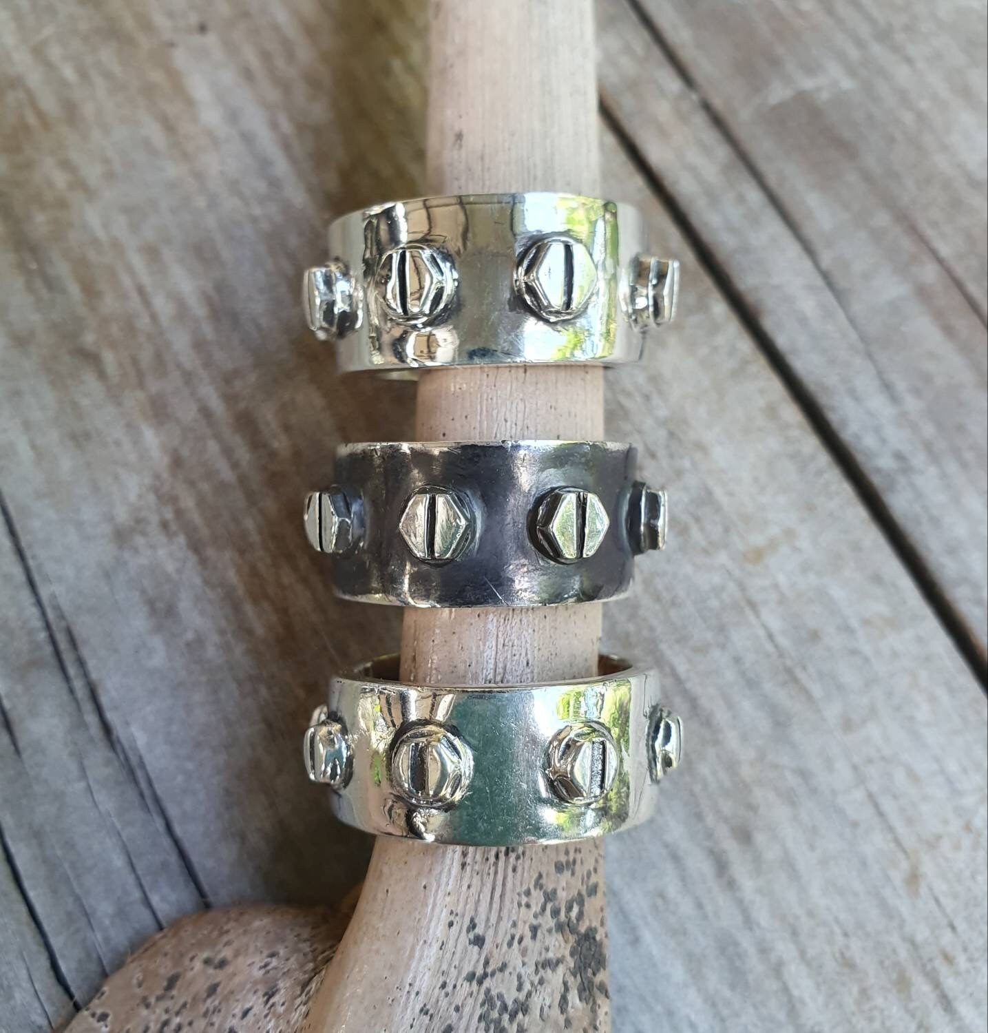 Chunky silver ring,solid sterling silver,Rustic mechanical,screws,heavy,industrial steampunk,nugget,men's fashion,handmade,rockabilly