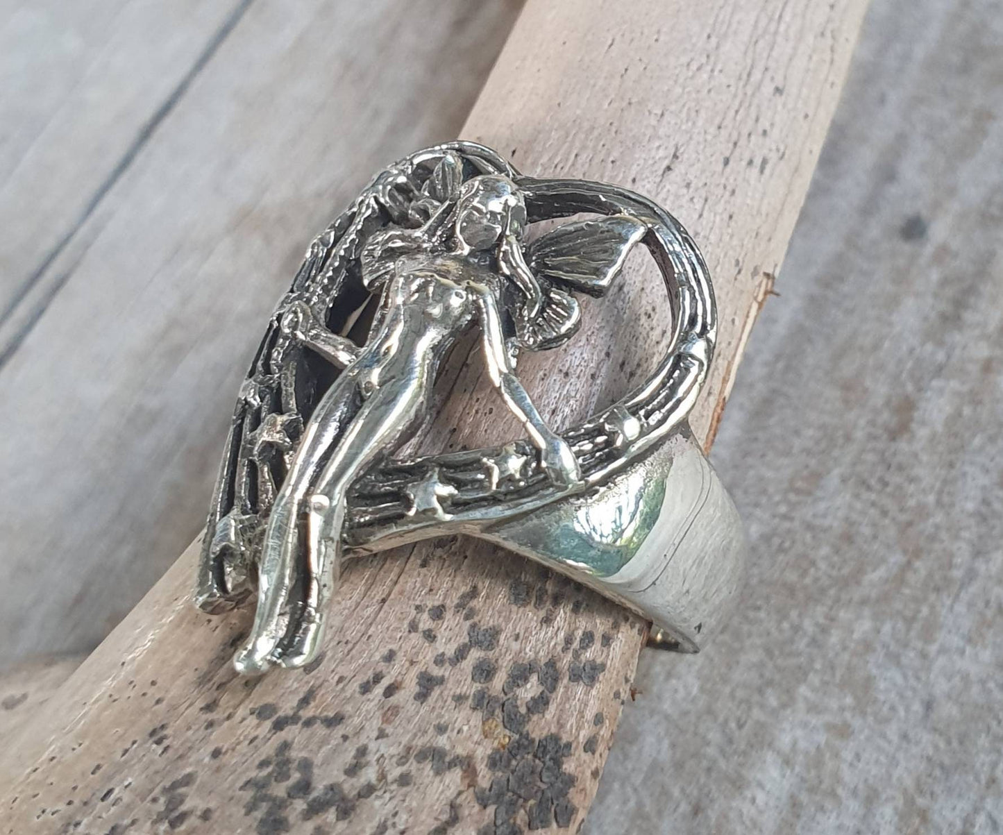 fairy,heart ring,sterling silver,heart and stars,art nouveau faerie,woodland,goddess,angel,new age,magic,boho,nymph,gypsy,shic,goddess