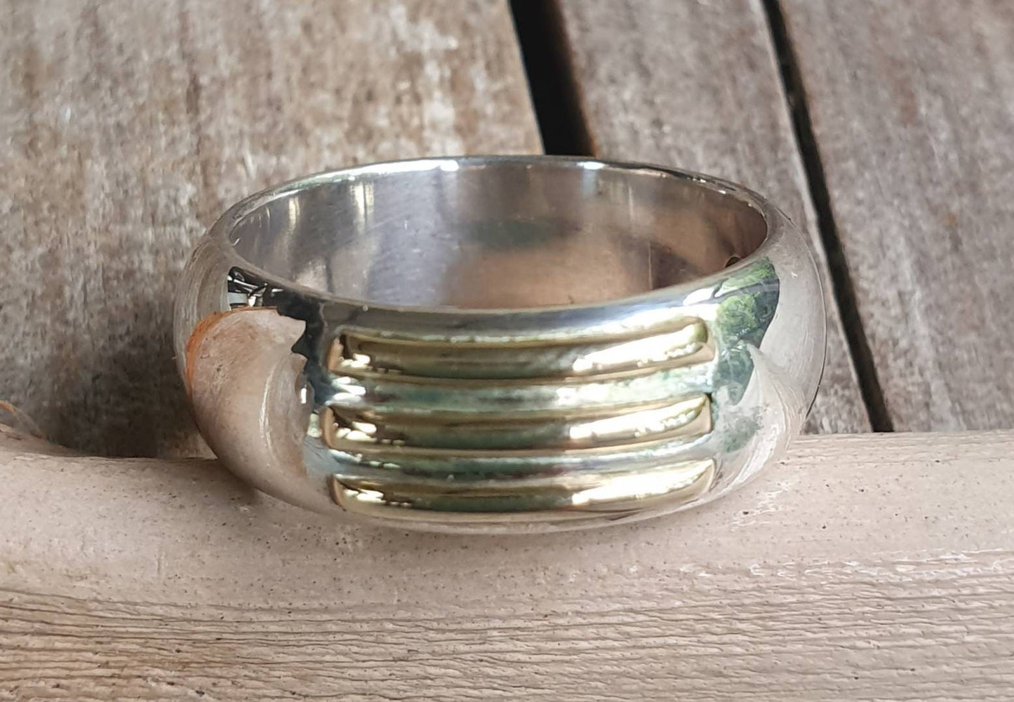two tone ring,9ct gold on sterling silver,plain modern band,gold and silver wedding ring,handmade silver band