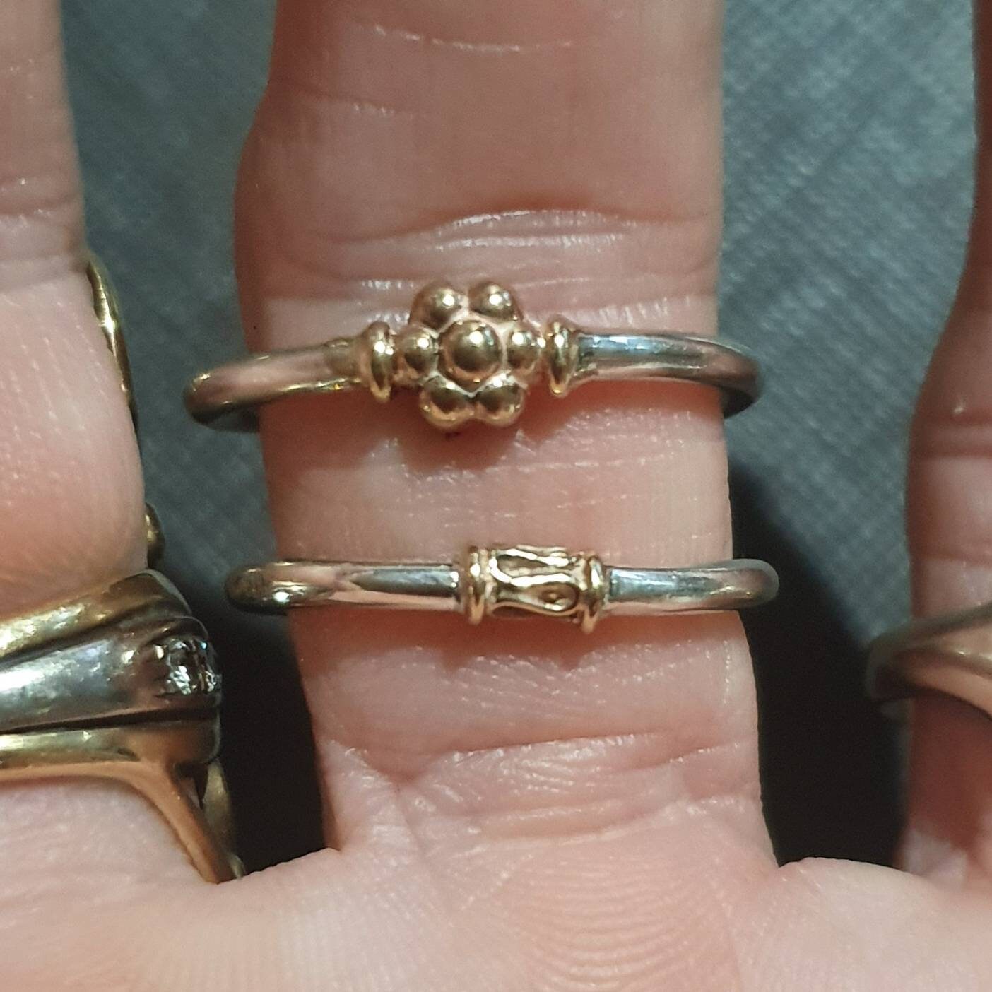 Two tone stacking ring,solid 9k gold bead and sterling silver,thin flower ring,