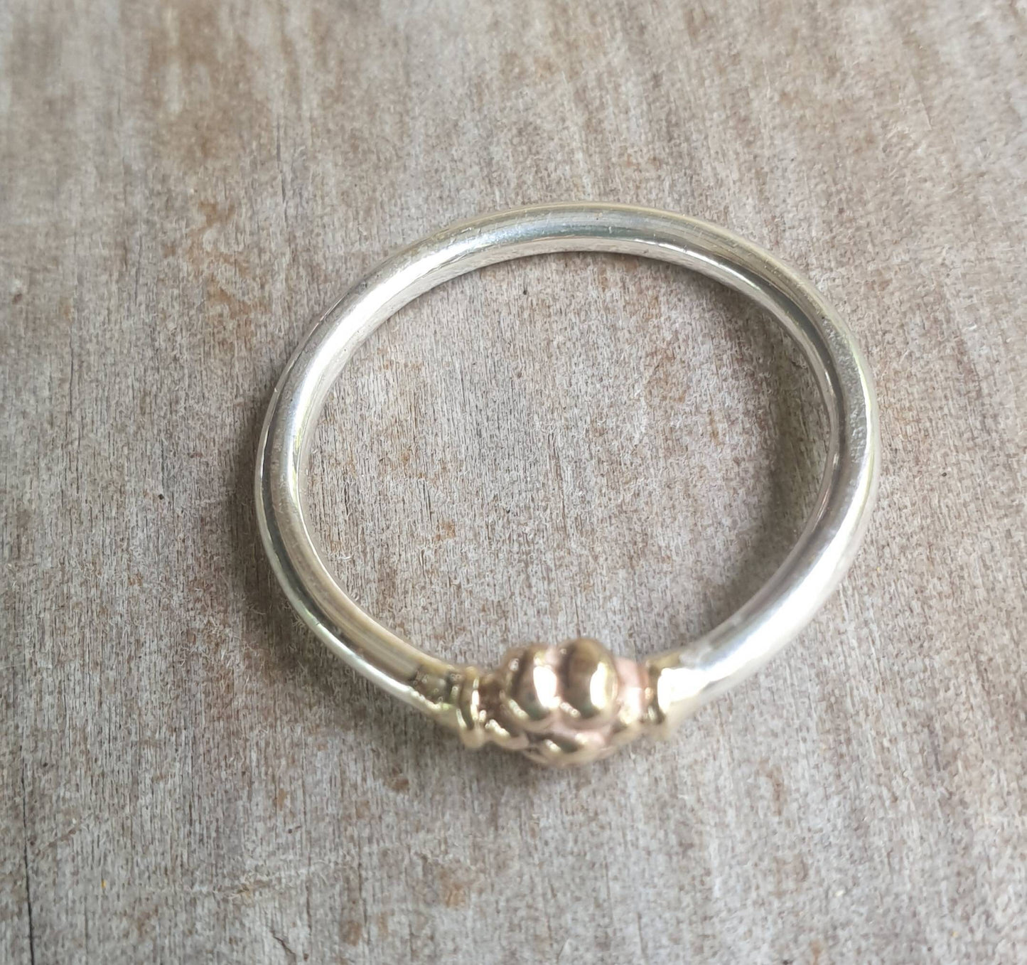Two tone stacking ring,solid 9k gold bead and sterling silver,thin flower ring,