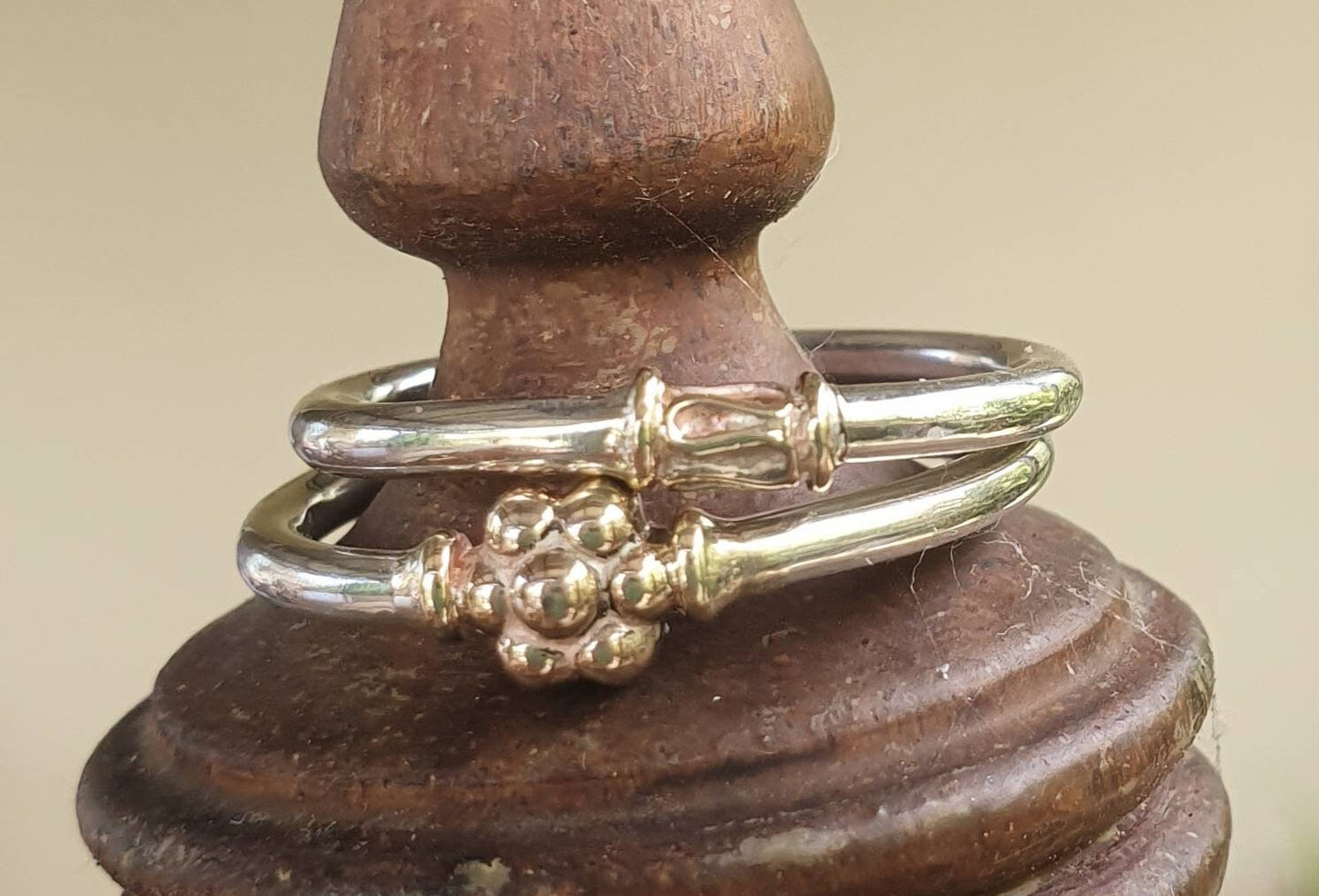 Two tone stacking ring,solid 9k gold bead and sterling silver,thin flower ring,